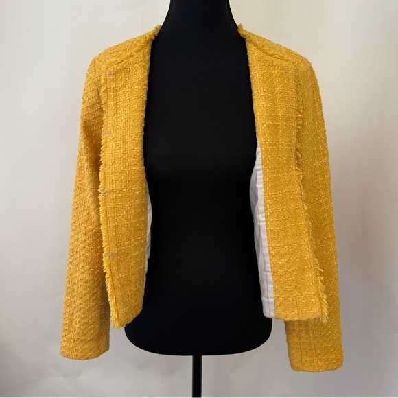 LOFT Frayed Tweed Crop Jacket Blazer, Marigold Butter Yellow, Size XS - Picture 4 of 13